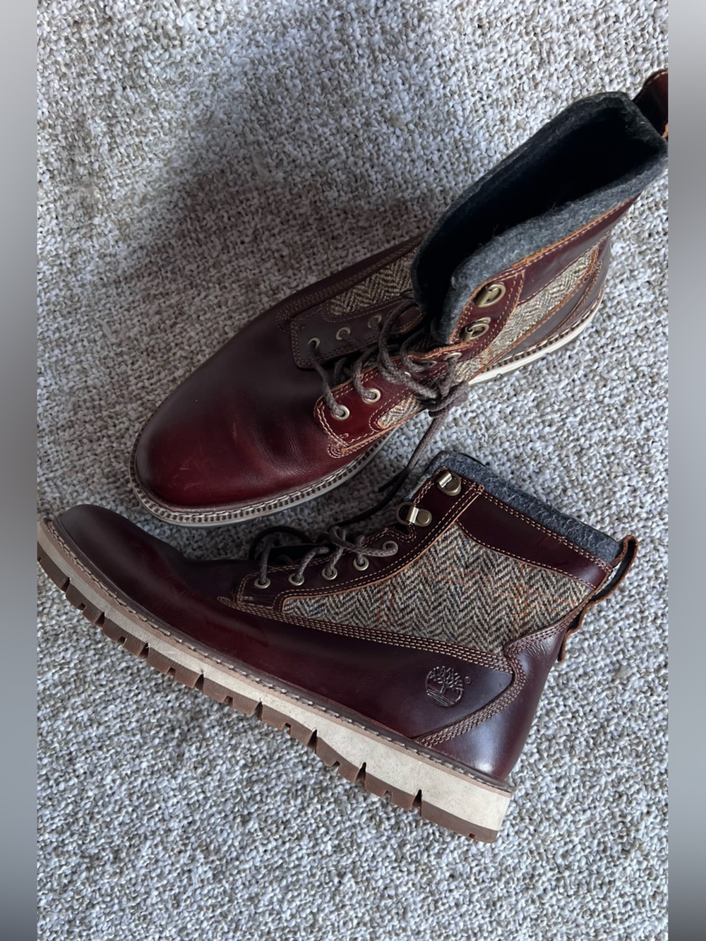 US 9 EU 43 Timberland x Harris Tweed Burgundy Leather Warm-Lined Boots
